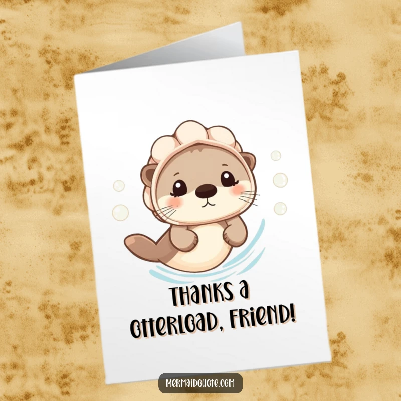 Funny Free Printable Thank You Card of a tiny otter in a seashell helmet swimming cheerfully with a bubble trail.