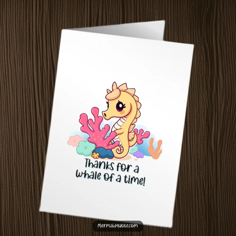 Funny Free Printable Thank You Card: a curious seahorse emerging from coral, offering thanks with a playful peek.