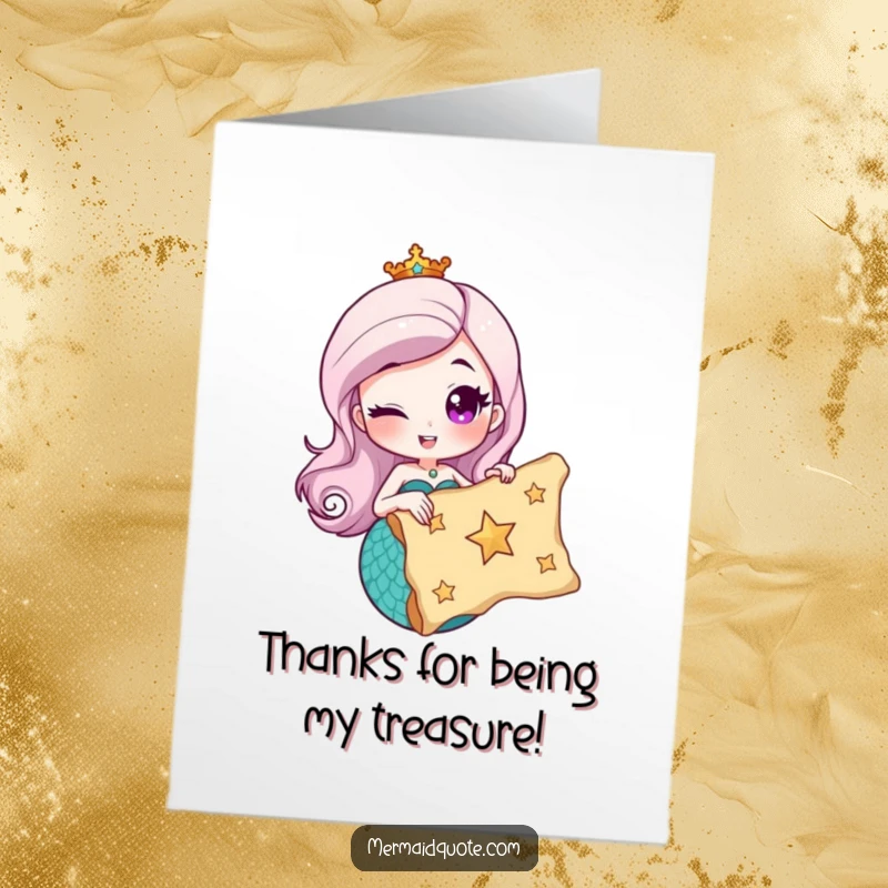 Funny free printable thank you card featuring a winking mermaid holding a treasure map marked with a star, a delightful expression of gratitude.