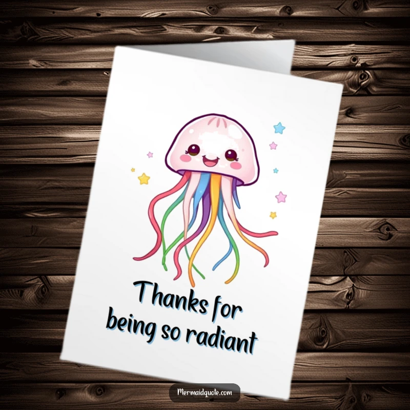 Funny Free Printable Thank You Card: Happy jellyfish creature trails colorful ribbons, conveying thankfulness.