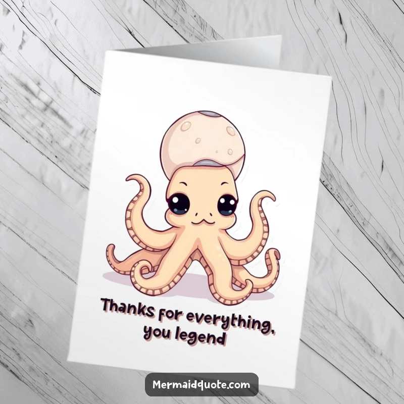 Funny Free Printable Thank You Card: A cute octopus balancing seashells, offering a unique and humorous expression of thanks.