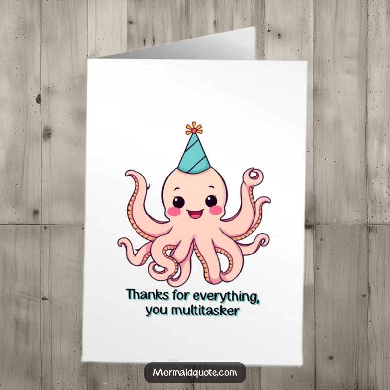 Funny Free Printable Thank You Card: A cheerful octopus with a party hat waves thankfully.