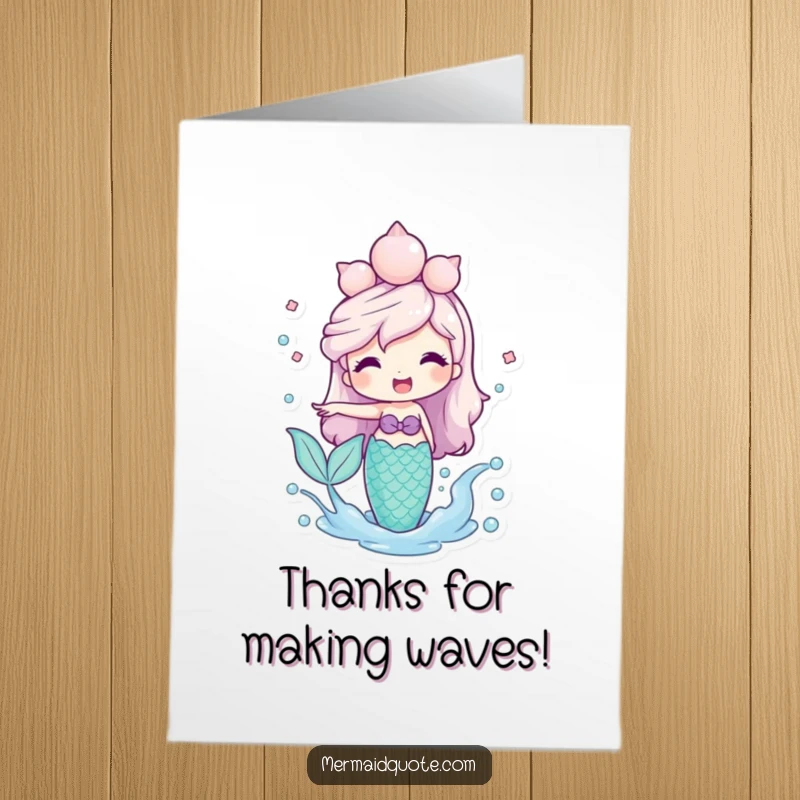 Funny Free Printable Thank You Card: A friendly mermaid with a seashell crown playfully splashes water, expressing thanks.