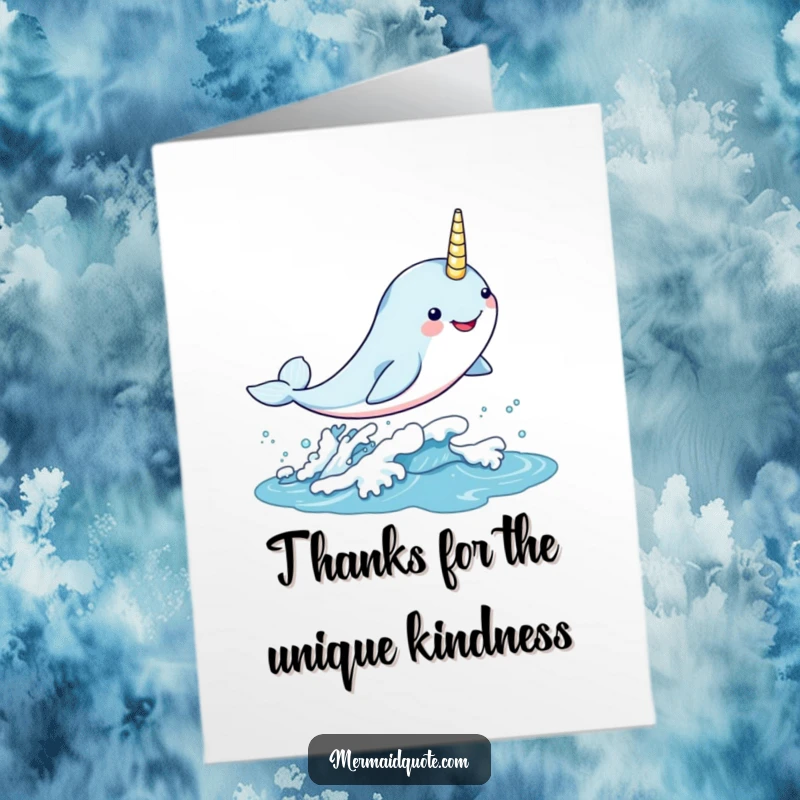 Funny Free Printable Thank You Card: A kawaii narwhal leaps gleefully through a shimmering wave to express sincere thanks.