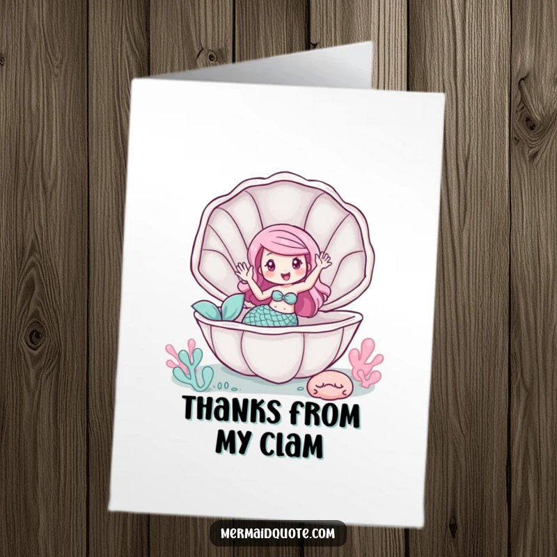 Free Printable Thank You Card featuring a mermaid peeking from a giant clam, extending a friendly wave to express gratitude.