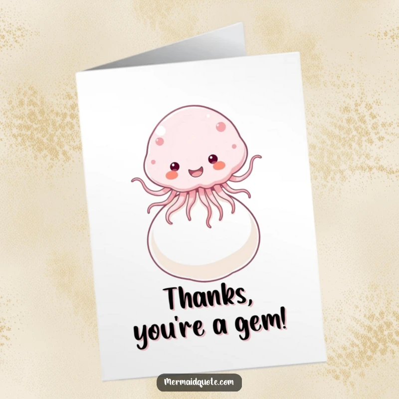Funny Free Printable thank you card with a happy jellyfish joyfully bouncing on a giant pearl, saying thanks.
