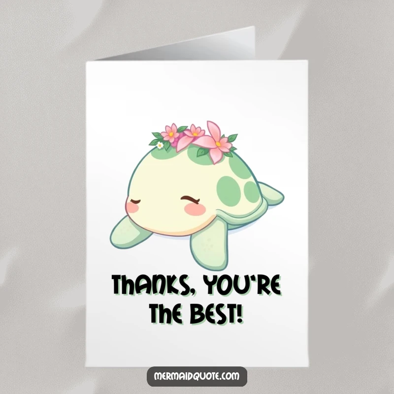 Funny Free Printable Thank You Card: A drowsy sea turtle sporting a tiny flower crown floats serenely, offering a calm thank you.