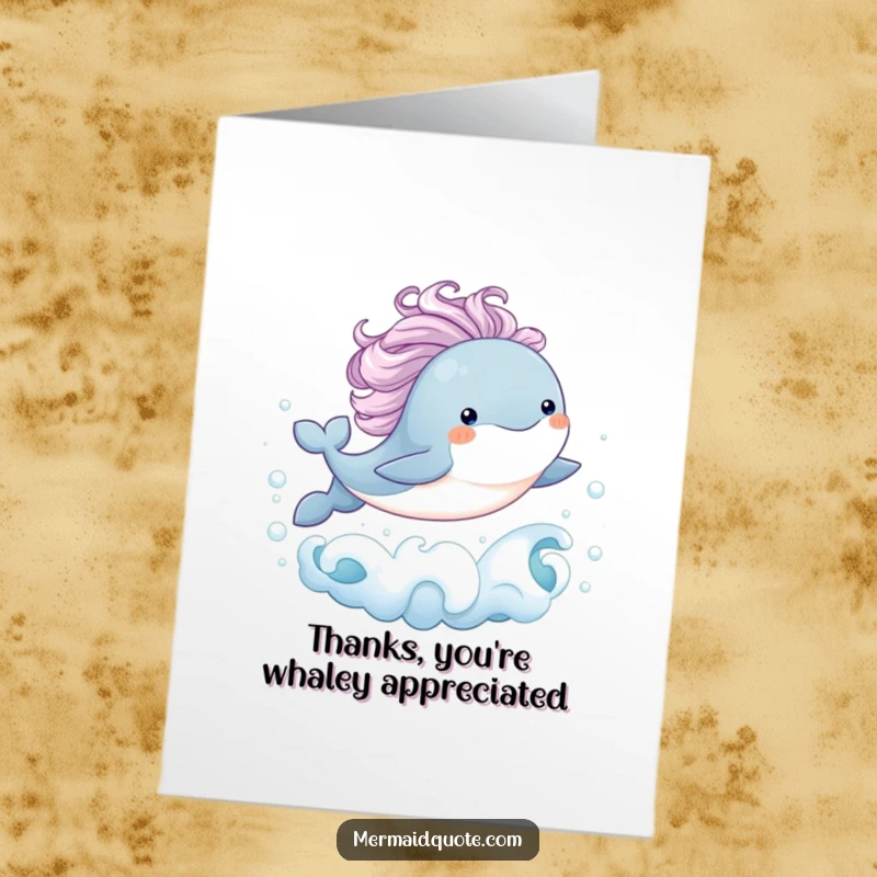 Funny Free Printable Thank You Card: Baby whale with mane leaps joyfully from bubbly waves, a grand gesture of thanks.