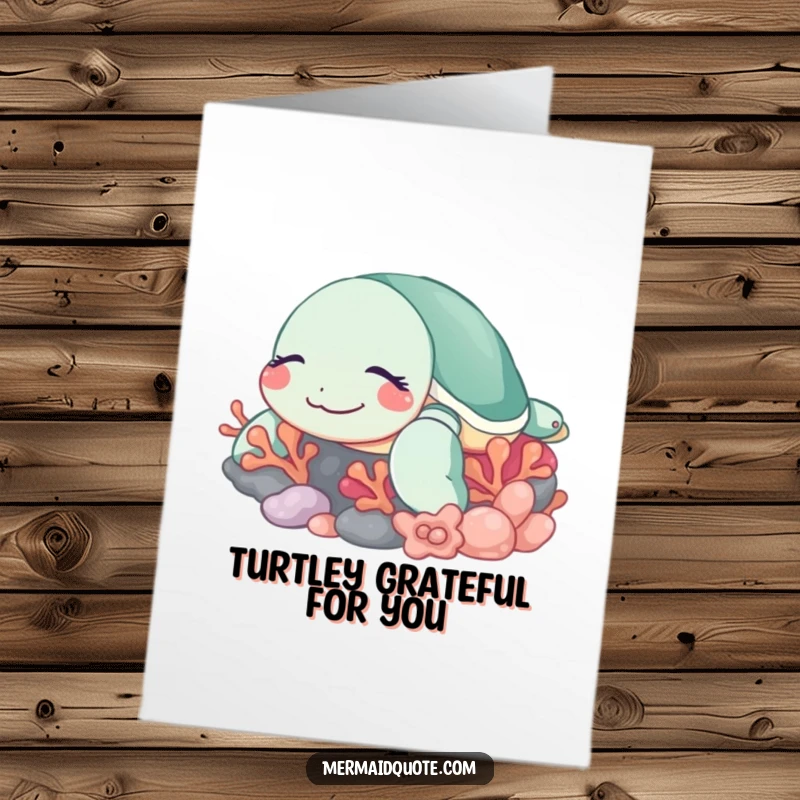 Funny Free Printable Thank You Card: A sleepy sea turtle with a contented smile resting near coral, offering peaceful thanks.