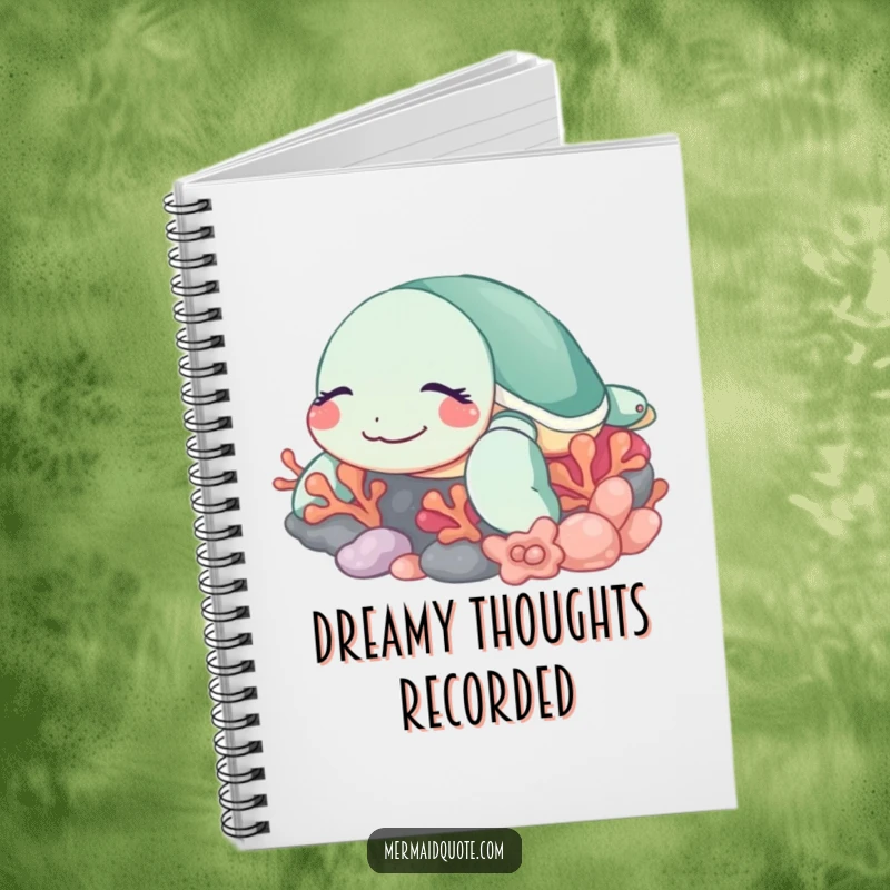 Funny sleeping turtle notebook with a cover illustration of a contented sea turtle smiling peacefully near colorful coral, ideal for journaling.