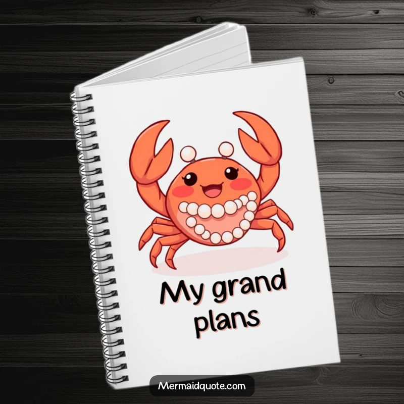 Funny joyful crab creature waving its claws, adorned with pearls, featured on the cover of an elegant notebook.