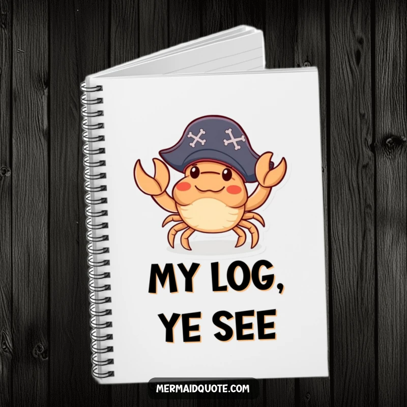 Funny Notebook with a little crab in a pirate hat waving a claw amicably, perfect for jotting down notes and pirate-themed ideas.