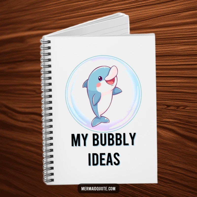 Funny dolphin notebook with a playful character comically leaping through a sparkling bubble on the cover, great for writing.