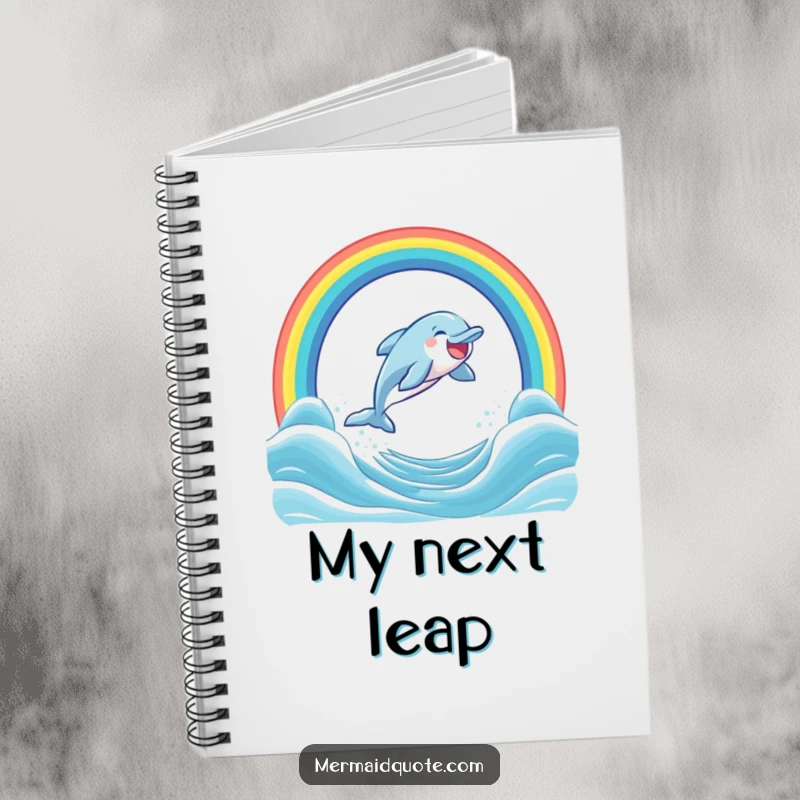 Funny notebook with a laughing dolphin mid-leap through a colorful rainbow arch in the ocean, ideal for capturing whimsical thoughts.
