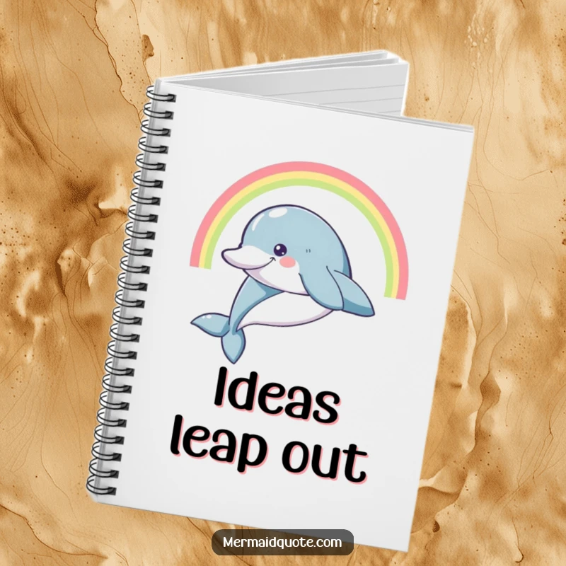 Funny smiling dolphin leaping high with a rainbow arc, on the cover of a lined notebook.