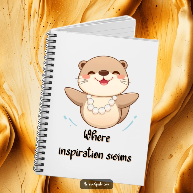 Funny happy sea otter adorned with a pearl necklace, swimming with joy, featured on the cover of a lined notebook.