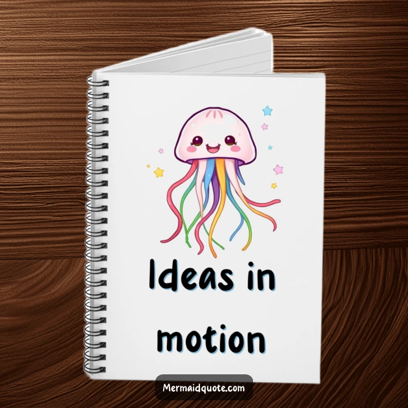 Funny happy jellyfish creature with colorful ribbons, featured on the cover of a notebook for writing and drawing.