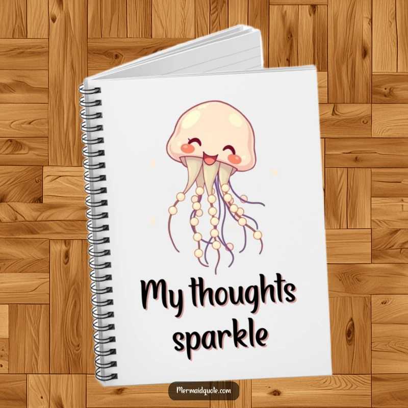 Funny notebook with a laughing jellyfish twirling glowing pearls, ideal for journaling and note-taking, bringing humor and elegance to everyday writing.