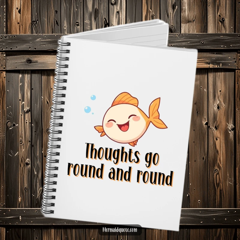 Funny notebook cover illustration of a fish laughing hysterically while swimming in a continuous loop surrounded by playful bubbles.