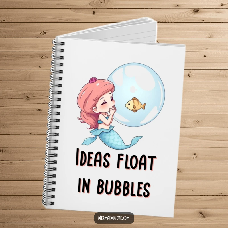 Funny notebook cover with a mermaid blowing a shimmering bubble holding a tiny fish, perfect for jotting down magical ideas.