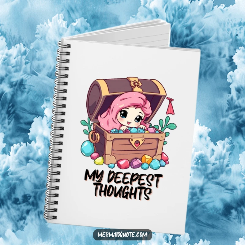 Funny notebook featuring a curious mermaid peeking from behind a treasure chest overflowing with gems, inspiring fantasy writing.