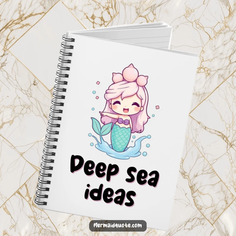 Funny Mermaid Notebook with a smiling mermaid wearing a seashell crown, playfully splashing water, great for notes and ocean doodles.