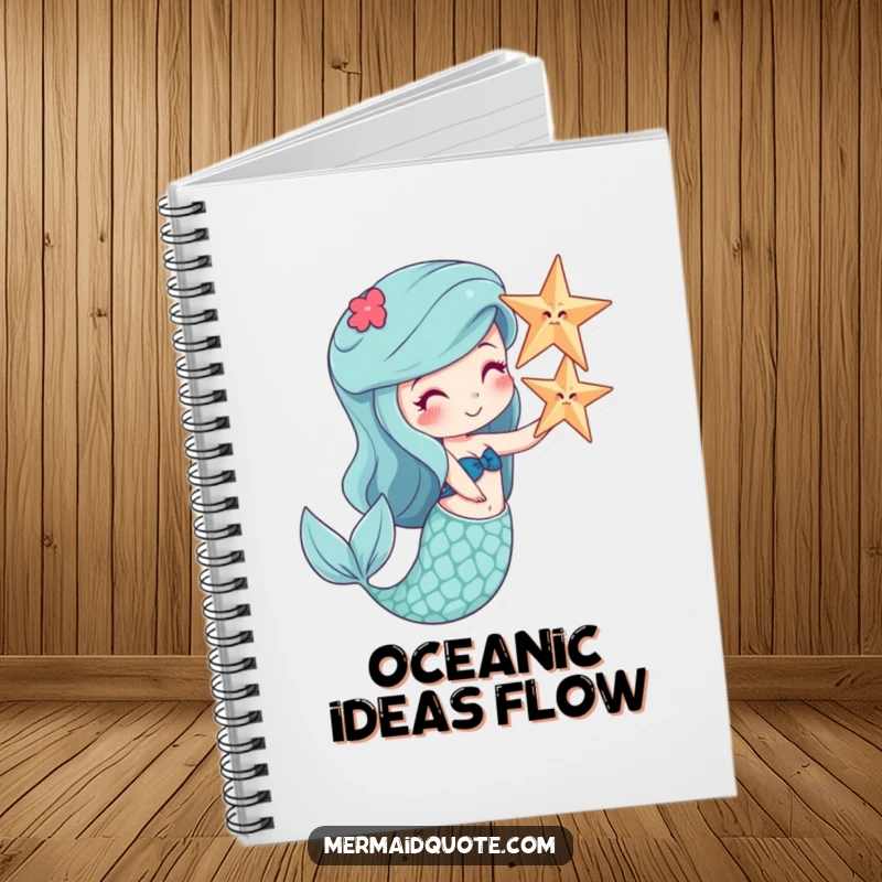 Funny notebook with a cheerful mermaid balancing a starfish on her nose, for creative note-taking.