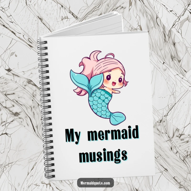 Funny mermaid tail notebook with a joyful character featuring shimmering scales on the cover, perfect for writing.