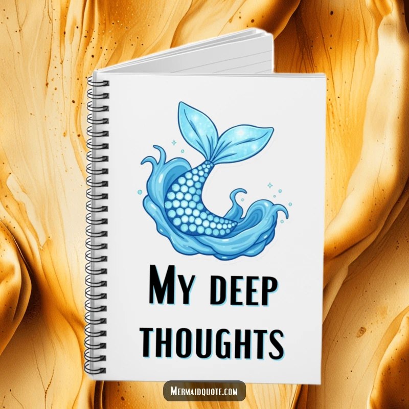 Funny sparkly mermaid tail flipping joyfully, a humorous notebook for jotting down magical ideas.