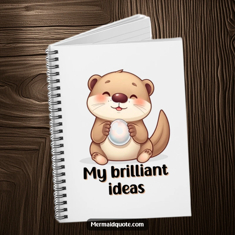 Funny notebook cover featuring a curious otter creature happily holding a luminous pearl. Ideal for journaling with a whimsical theme.