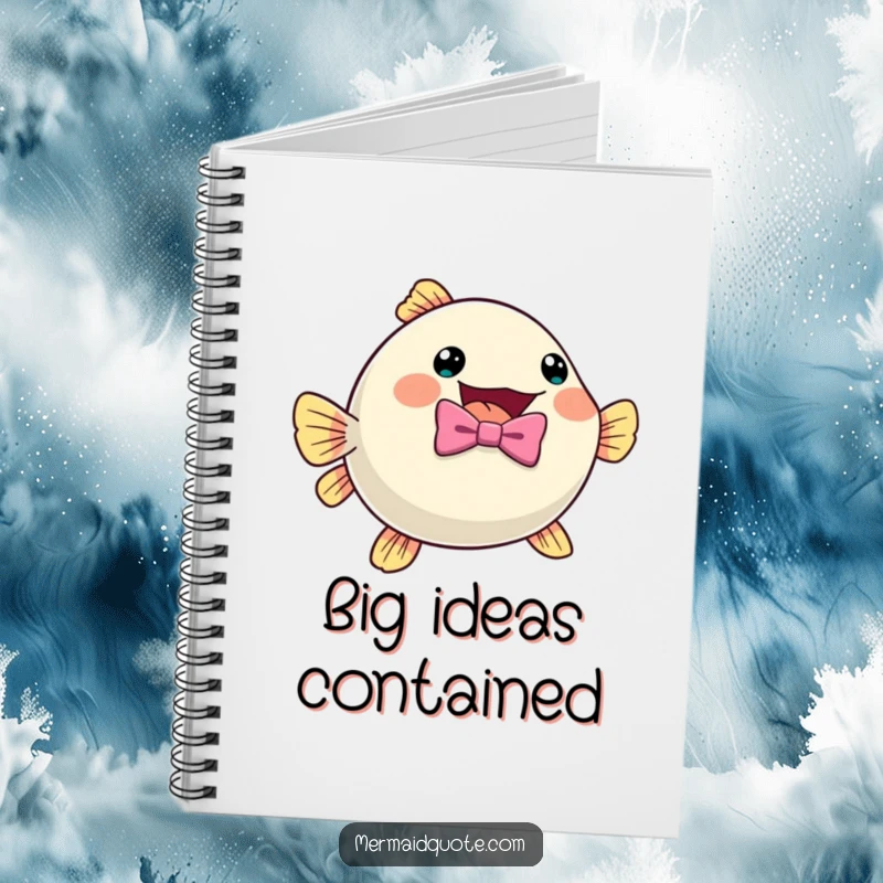 Funny pufferfish wearing a bow tie, inflating with excitement, on the cover of a lined notebook for jotting down notes.