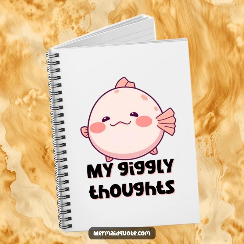 Funny Notebook with a shy pufferfish slightly inflating with a hesitant giggle, perfect for journaling shy thoughts with humor.