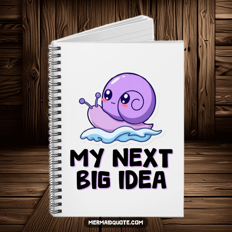Funny purple sea snail creature with bubbly eyes, humorously surfing a small wave, featured on the cover of a notebook.