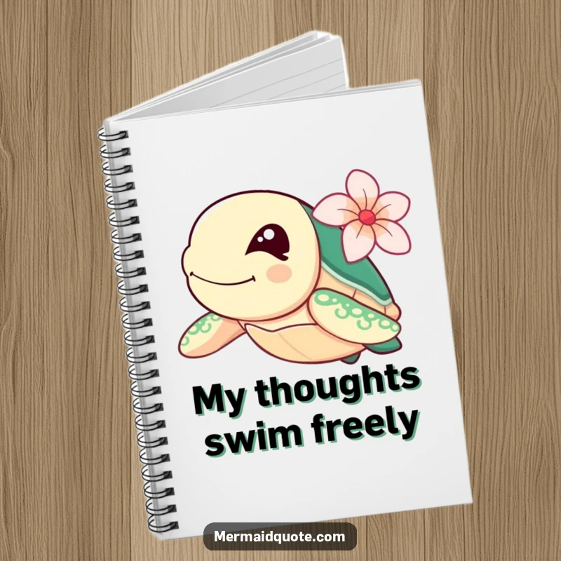 Funny sea turtle winking with a flower, swimming fast, on the cover of a lined notebook.