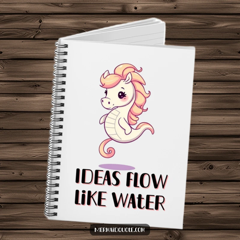 Funny seahorse with a swirling mane galloping across the cover of a lined notebook for jotting down notes.