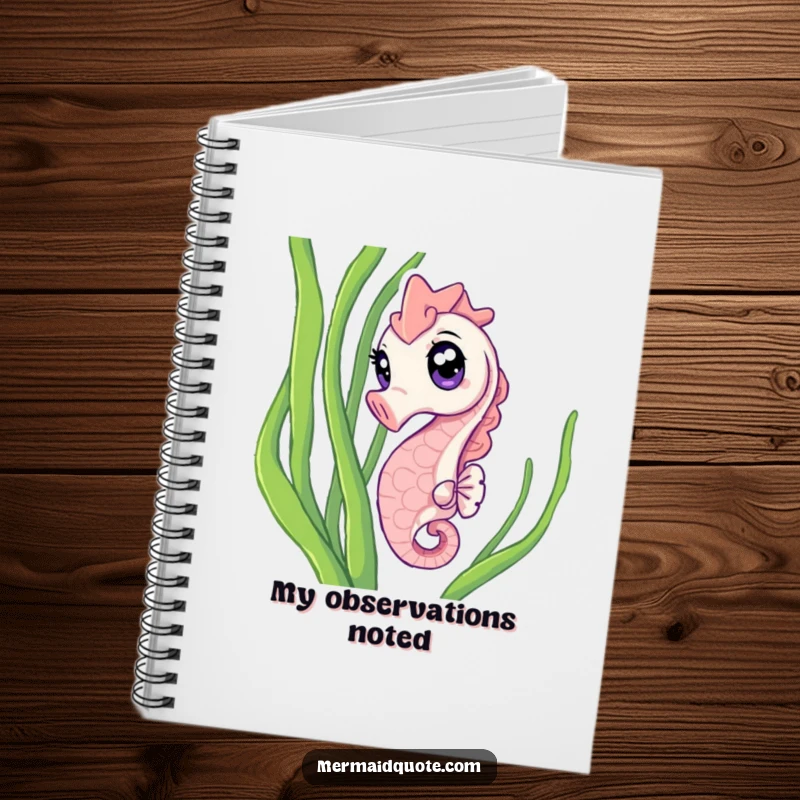 Funny Notebook with a curious seahorse peeking from seaweed, perfect for journaling and jotting down ocean-inspired thoughts with humor.