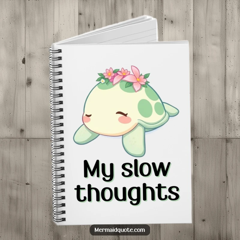 Funny notebook featuring a sleepy sea turtle wearing a flower crown, gently drifting, ideal for journaling with a serene and humorous touch.
