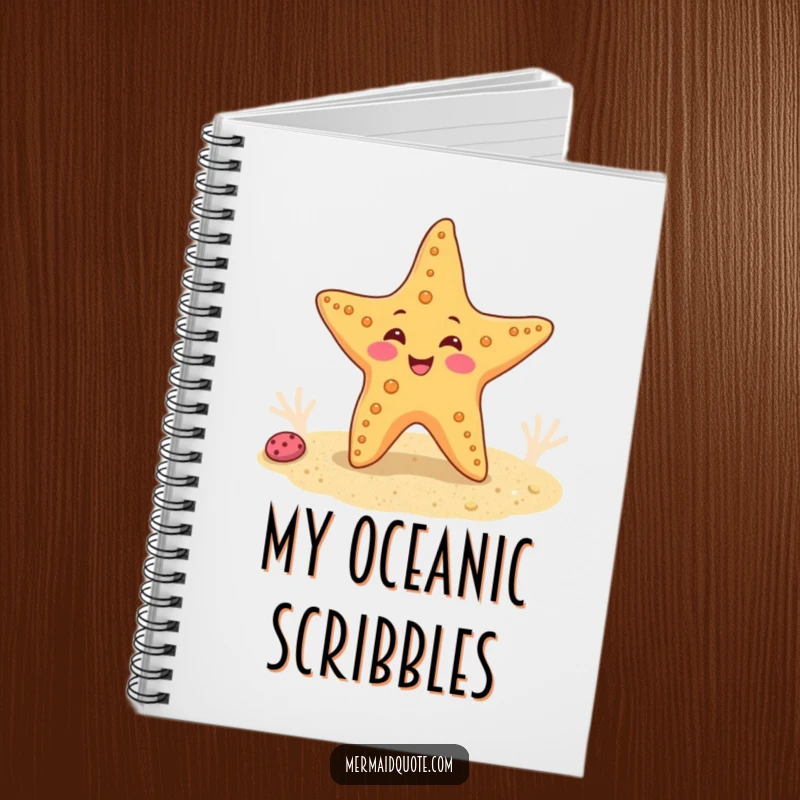 Funny notebook cover with a happy starfish doing a wiggle dance on a sandy seabed, perfect for jotting down ideas.