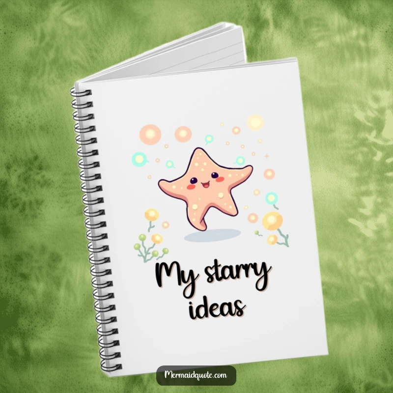 Funny notebook cover featuring a playful starfish creature dancing among luminous plankton. Ideal for journaling with a magical theme.