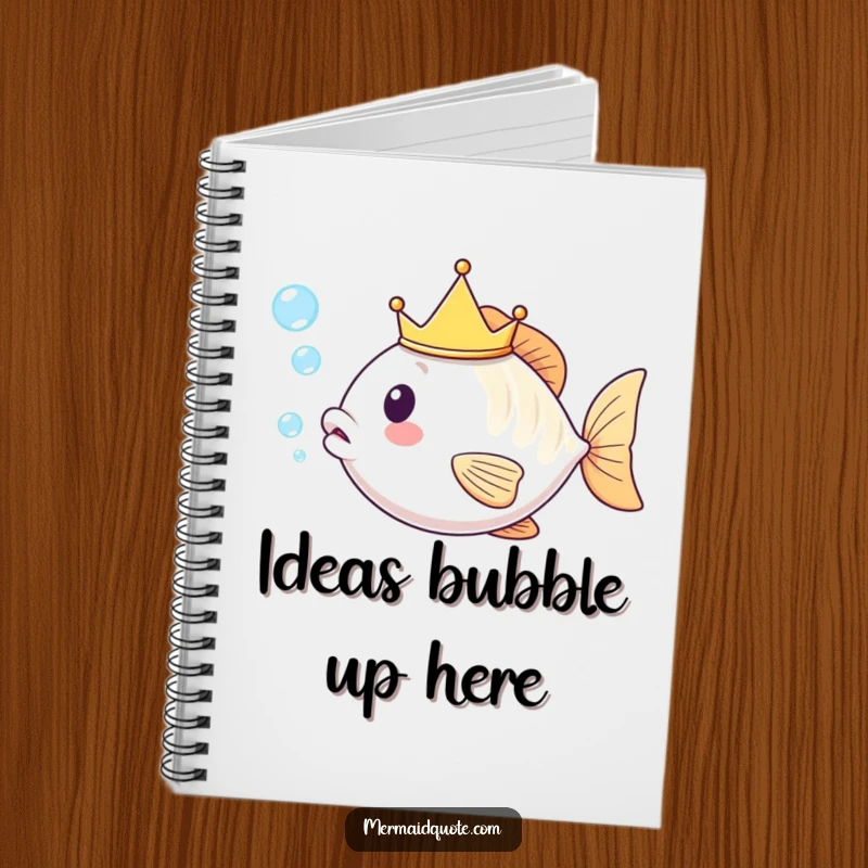 Funny kawaii fish wearing a royal crown, happily blowing bubbles, featured on the cover of a lined notebook.