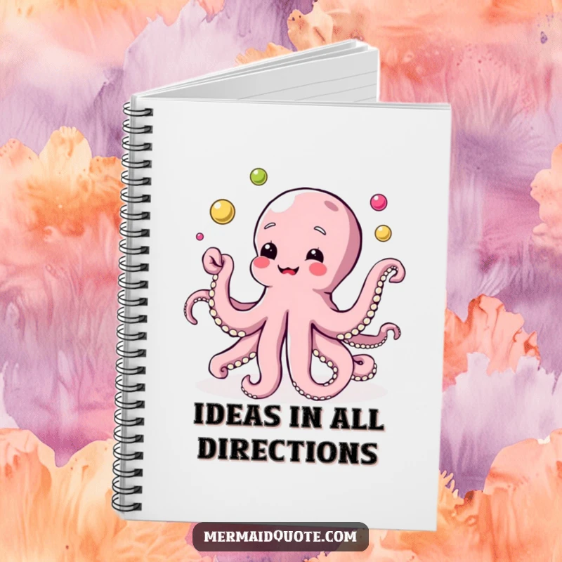 Funny notebook cover illustration of an octopus multitasking by juggling colorful pearls effortlessly with its many tentacles.