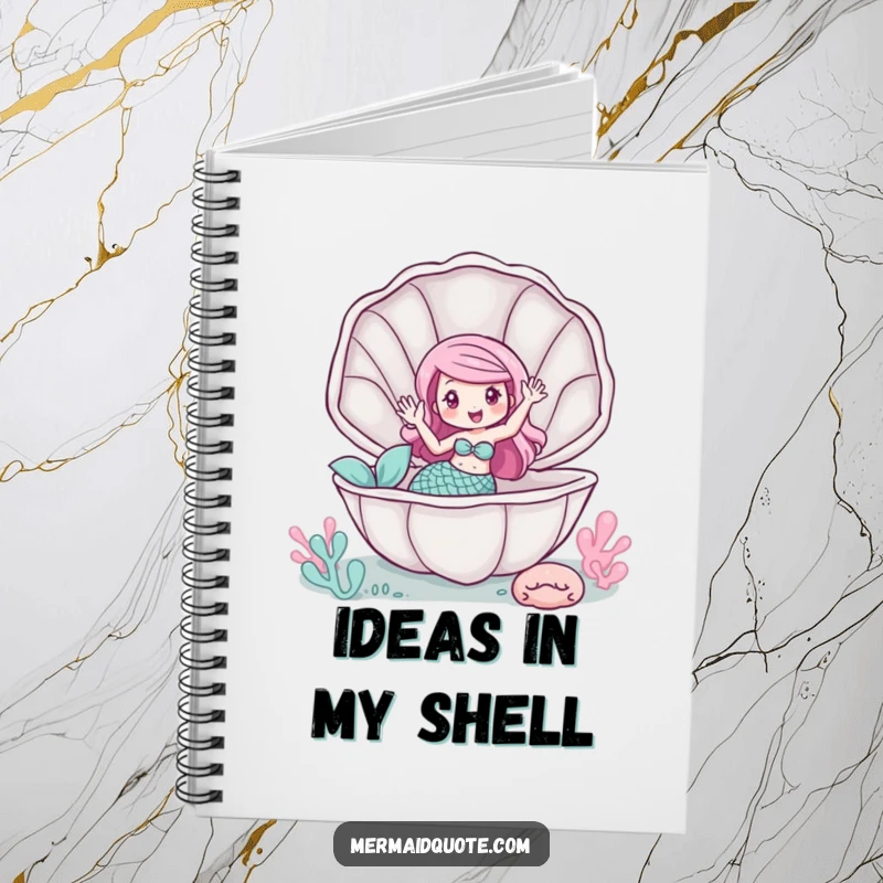 Funny notebook featuring a mermaid waving from inside a giant clam, for whimsical notes.