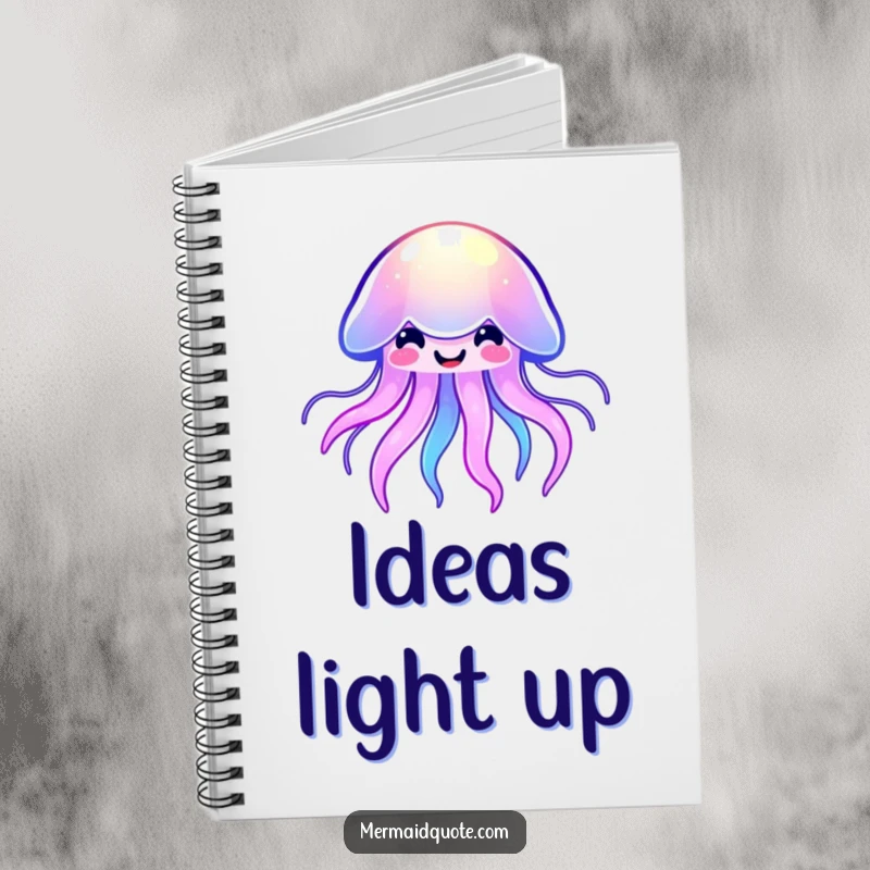 Funny kawaii jellyfish notebook with a cover illustration of a smiling, softly glowing sea creature radiating gentle, colorful light.