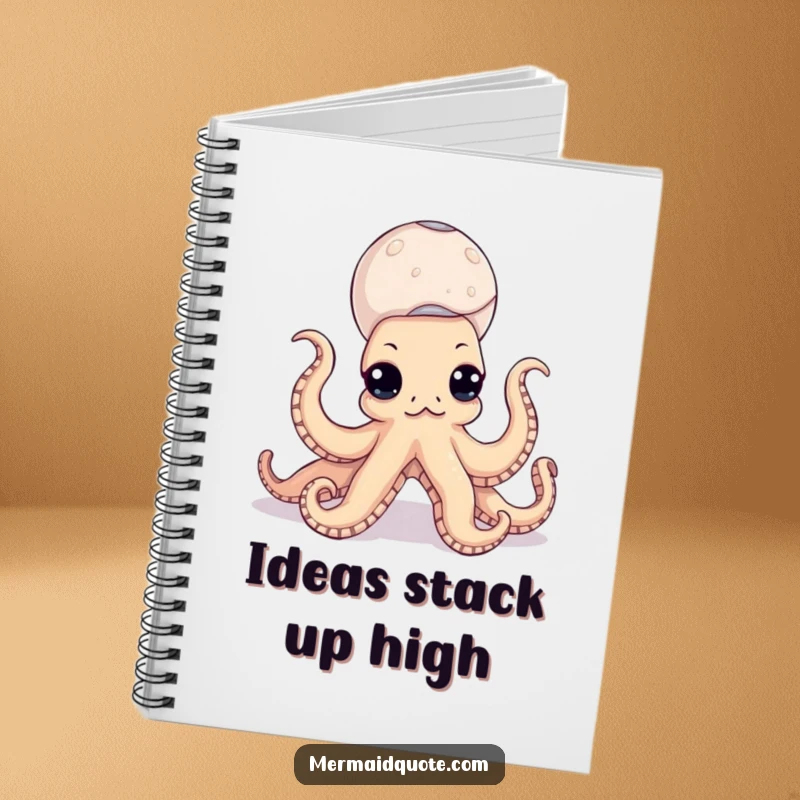 Funny octopus notebook with a cover illustration of a curious sea creature balancing a pyramid of seashells, perfect for notes and sketches.