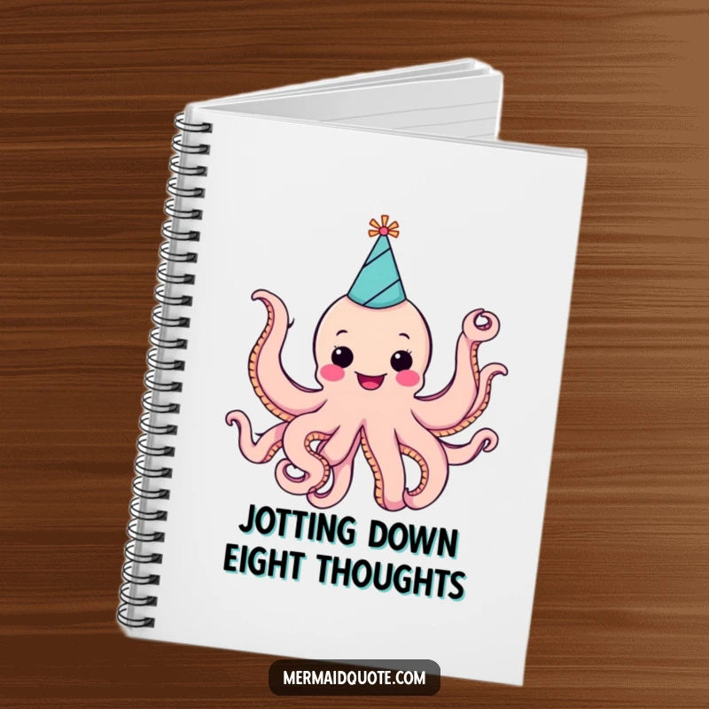 Funny cheerful octopus wearing a party hat, waving eight arms, featured on the cover of a lined notebook.