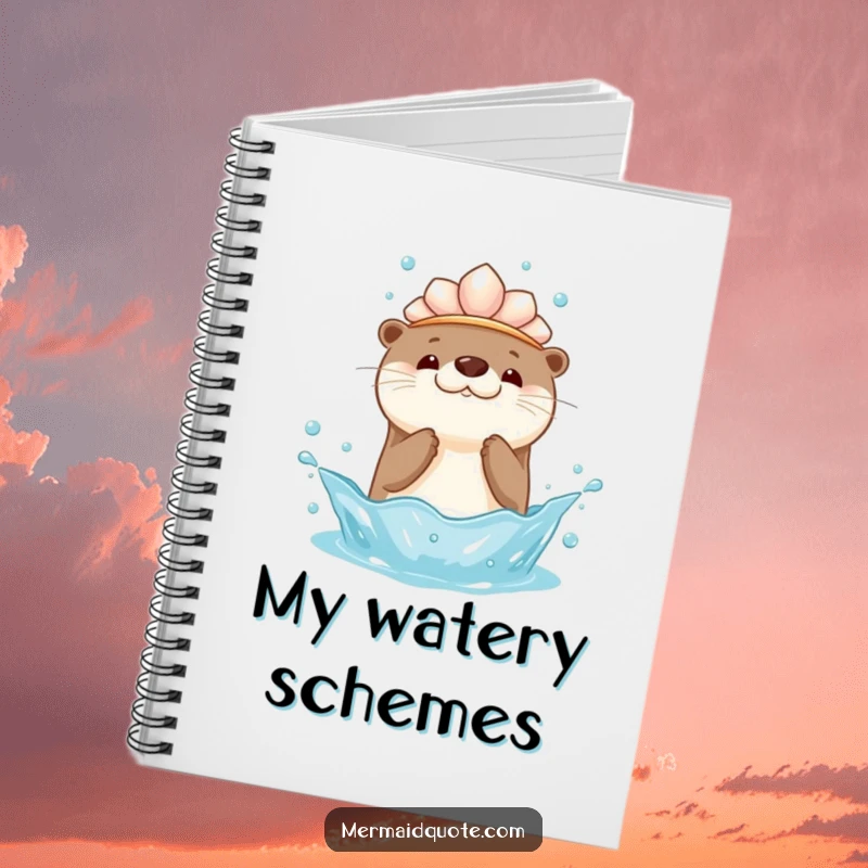 Funny notebook cover depicting a kawaii otter with a seashell crown, playfully splashing water upwards, perfect for journaling with adorable humor.