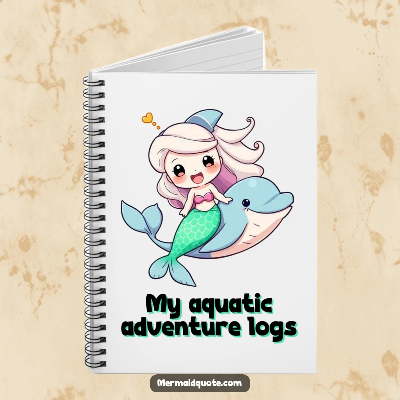 Funny notebook cover with a mermaid triumphantly riding a dolphin, inspiring fun ideas and aquatic tales.