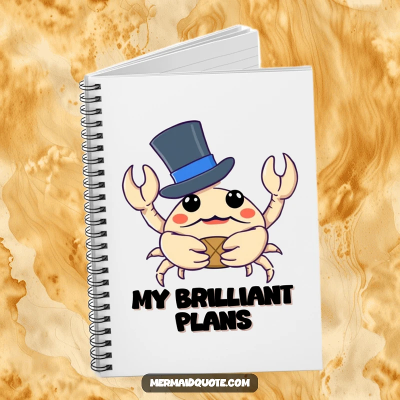 Funny crab in a top hat holding a tiny treasure, on the cover of a lined notebook for jotting down notes.
