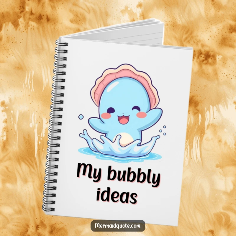 Funny notebook featuring a kawaii blue creature with a seashell hat, splashing water playfully, perfect for jotting down ideas.