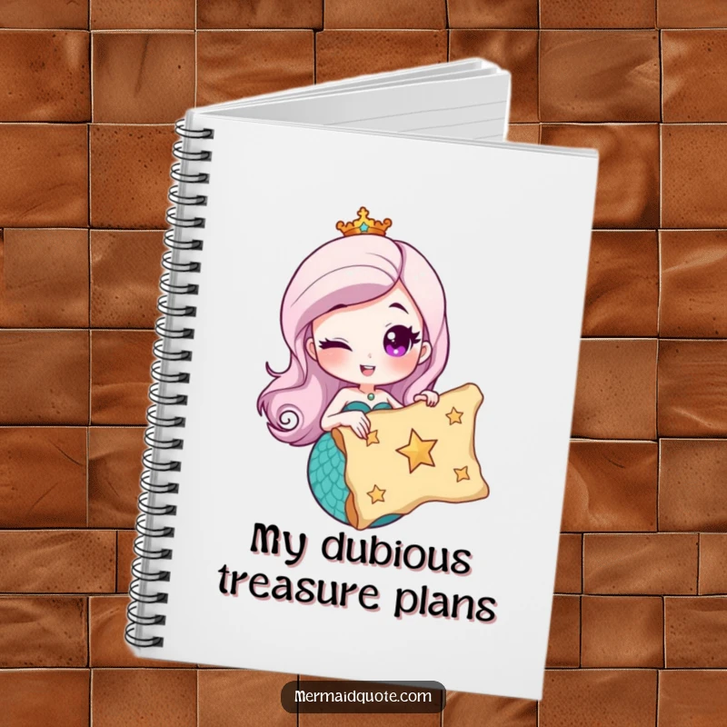Funny notebook cover with a winking mermaid holding a treasure map with a star, inspiring creative planning and note-taking.